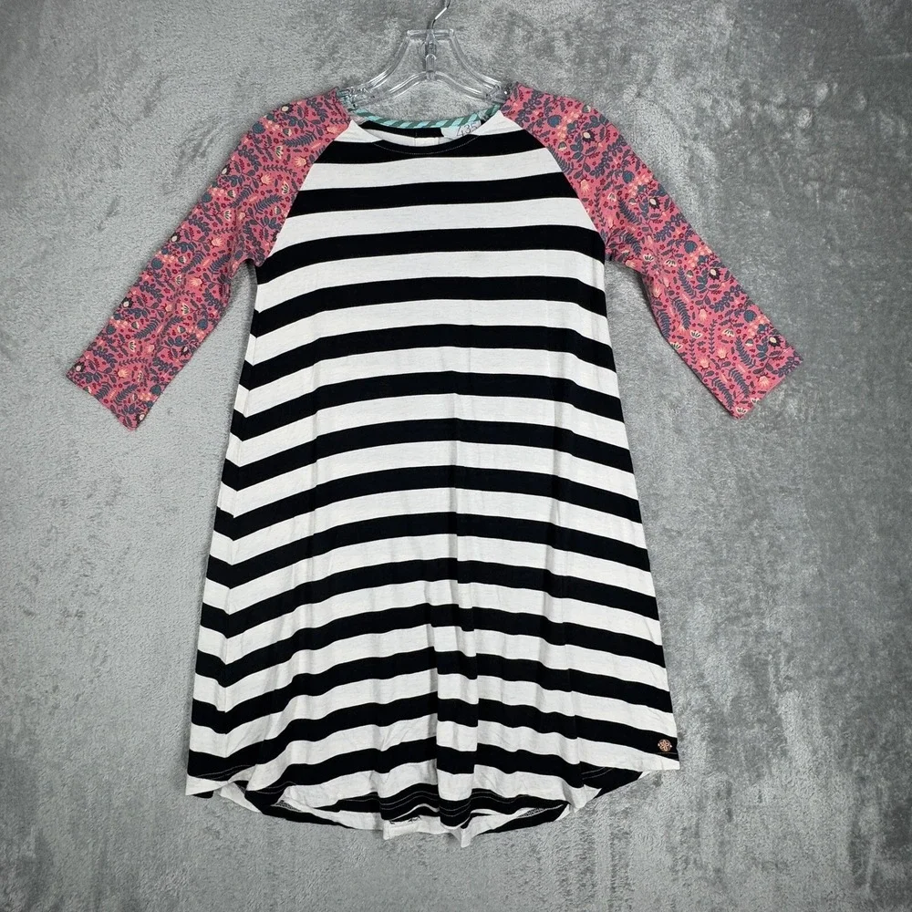 Matilda Jane Dress Girls 10 Black White Striped Floral Mixed‎ Media Button Back